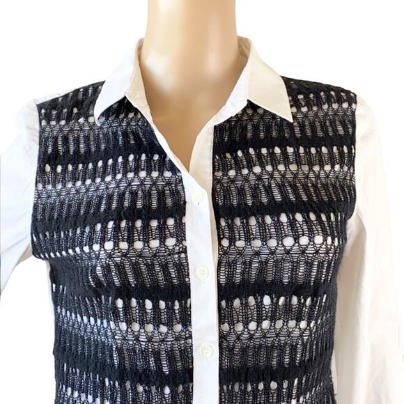 Lafayette 148 Women White Black Lace Long Sleeves Collared Button Front Blouse 6 - Picture 2 of 6